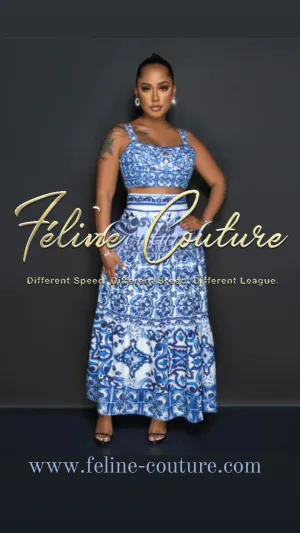 Elegantly Fab Blue Print Maxi Skirt Set