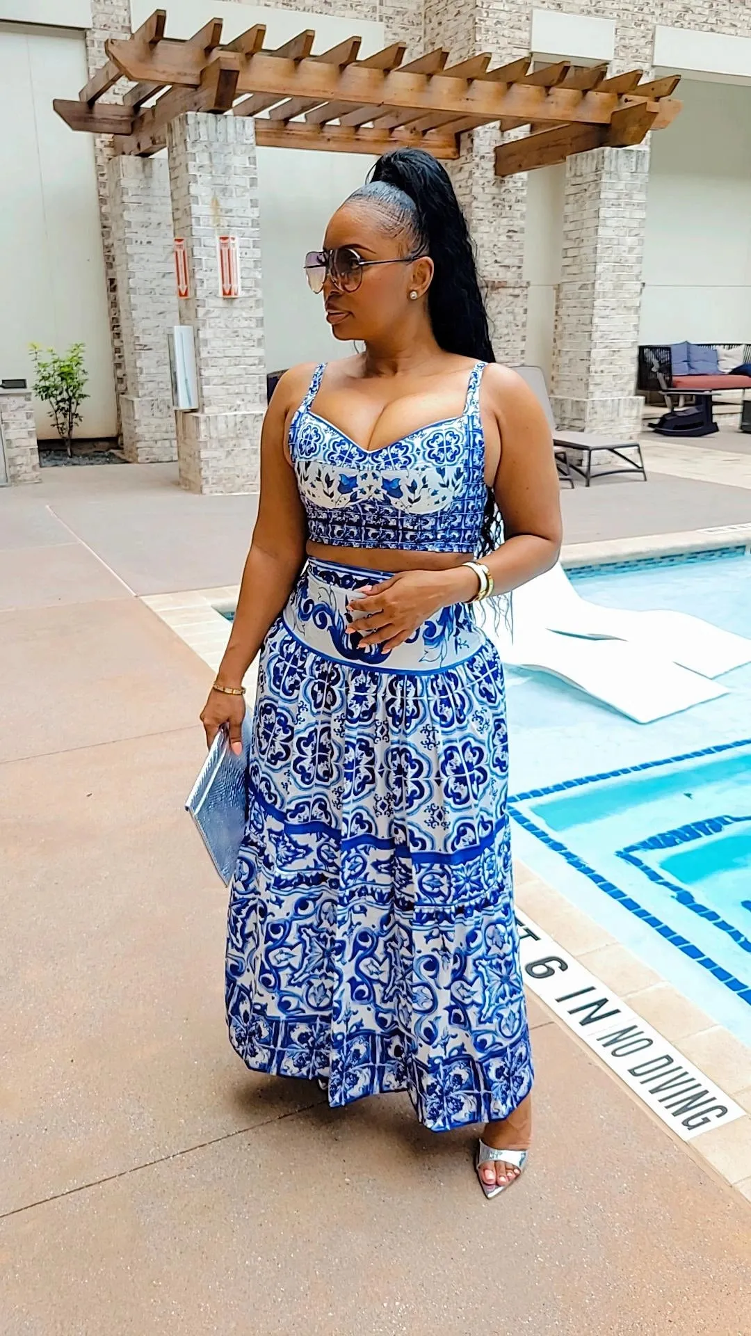Elegantly Fab Blue Print Maxi Skirt Set