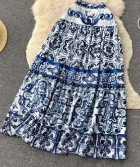 Elegantly Fab Blue Print Maxi Skirt Set