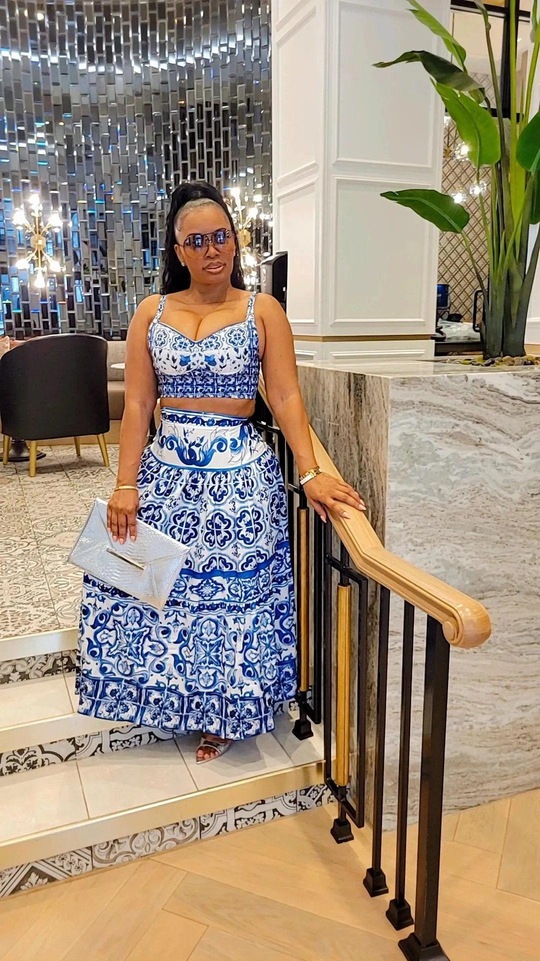 Elegantly Fab Blue Print Maxi Skirt Set