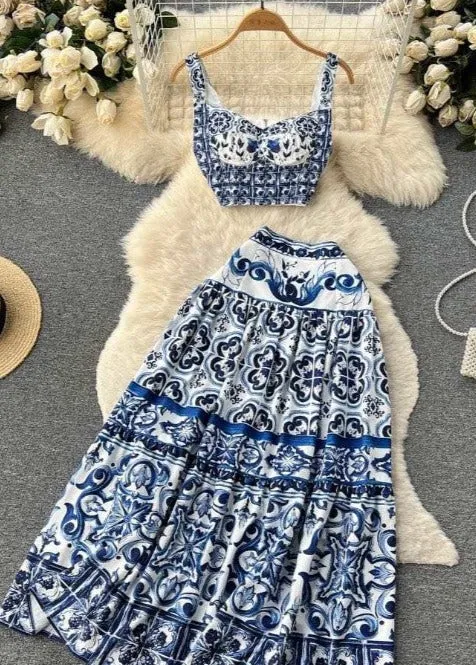 Elegantly Fab Blue Print Maxi Skirt Set