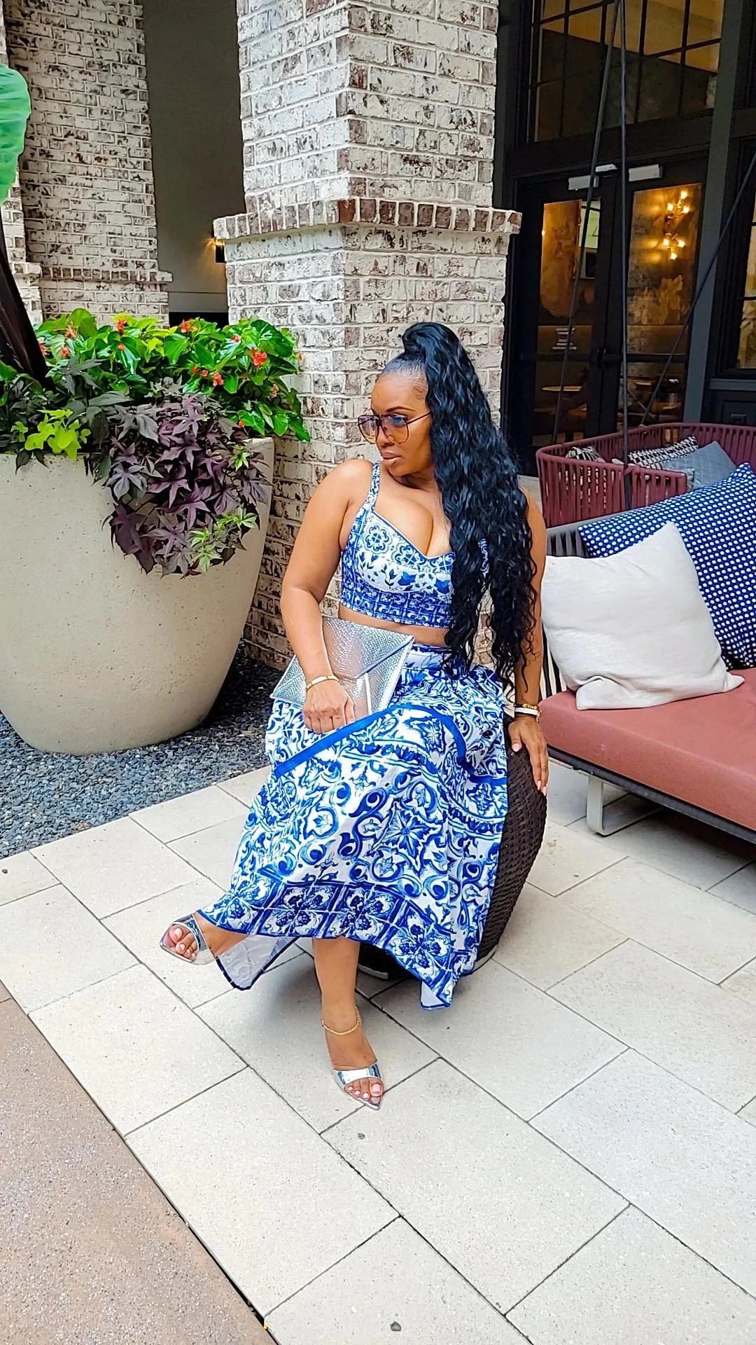 Elegantly Fab Blue Print Maxi Skirt Set