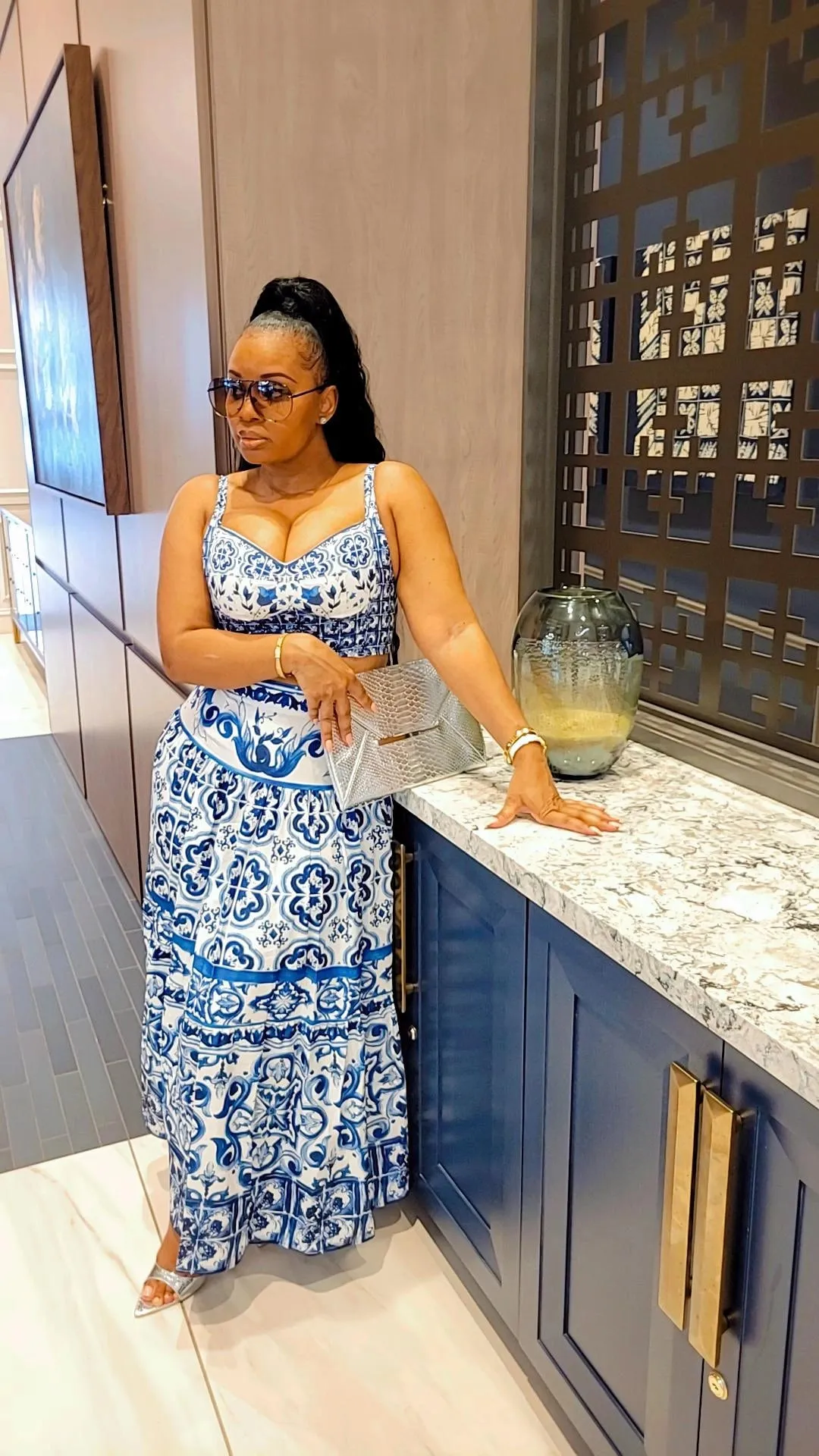 Elegantly Fab Blue Print Maxi Skirt Set