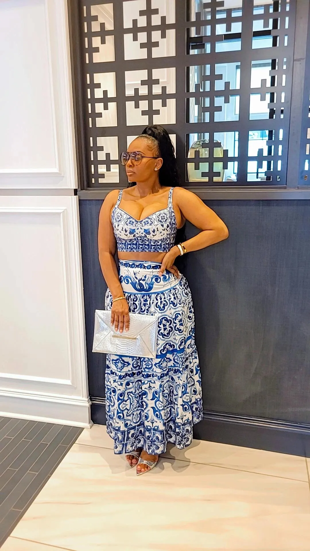 Elegantly Fab Blue Print Maxi Skirt Set