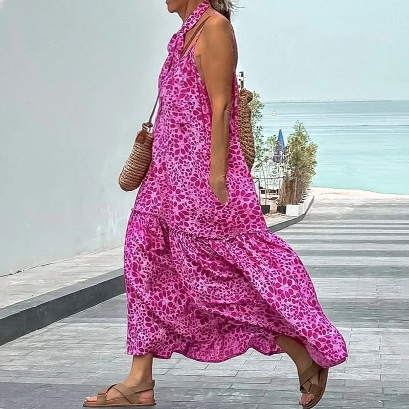 Fashion Print V Neck Leaked Sling Dress