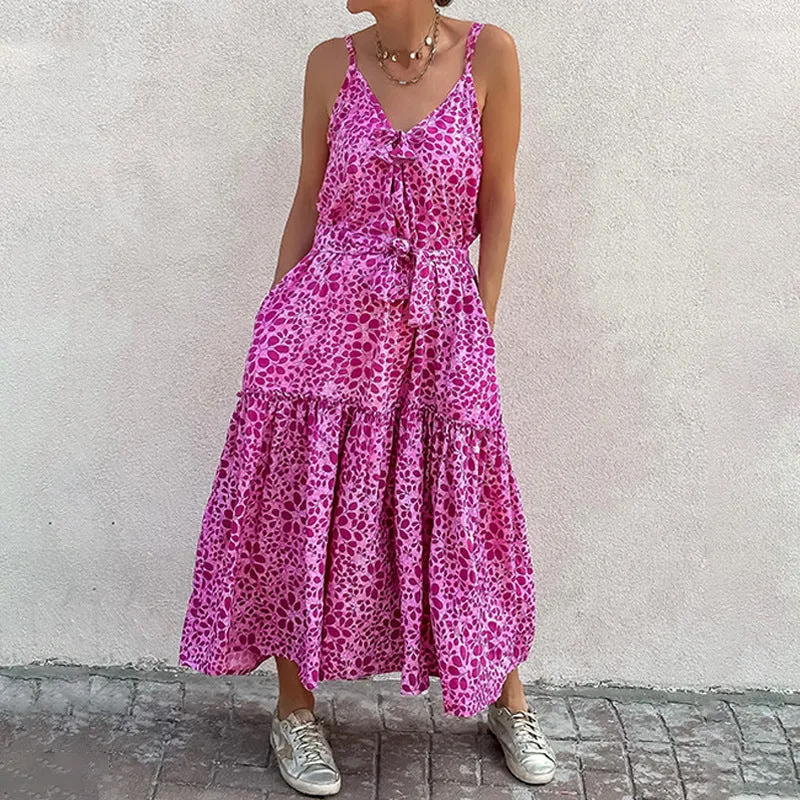 Fashion Print V Neck Leaked Sling Dress