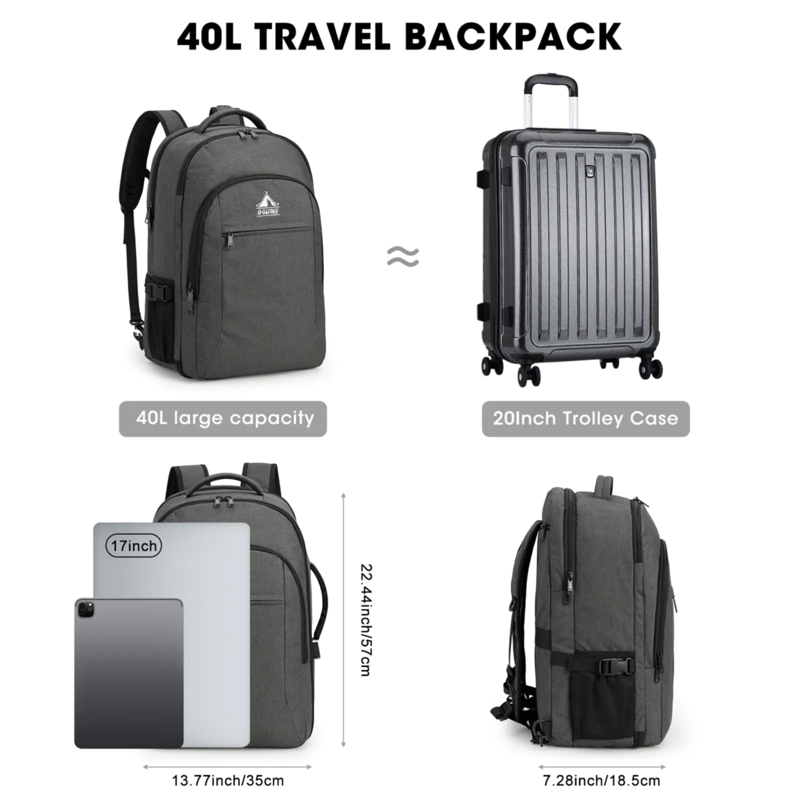 G4Free 40l Carry On Waterproof  Travel Backpack For Women Men