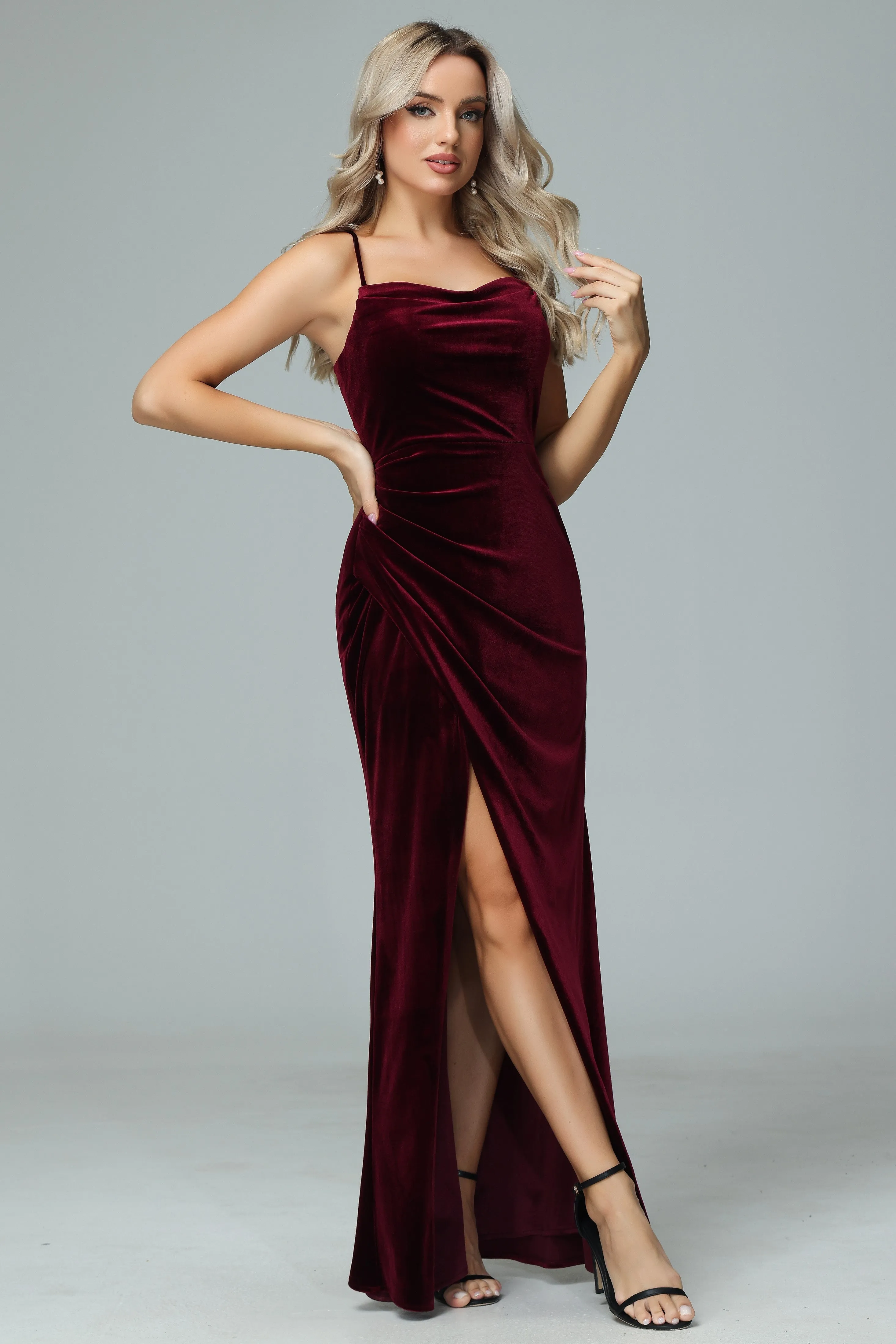 Gorgeous Burgundy Spaghetti Straps Velvet Wedding Guest Dresses