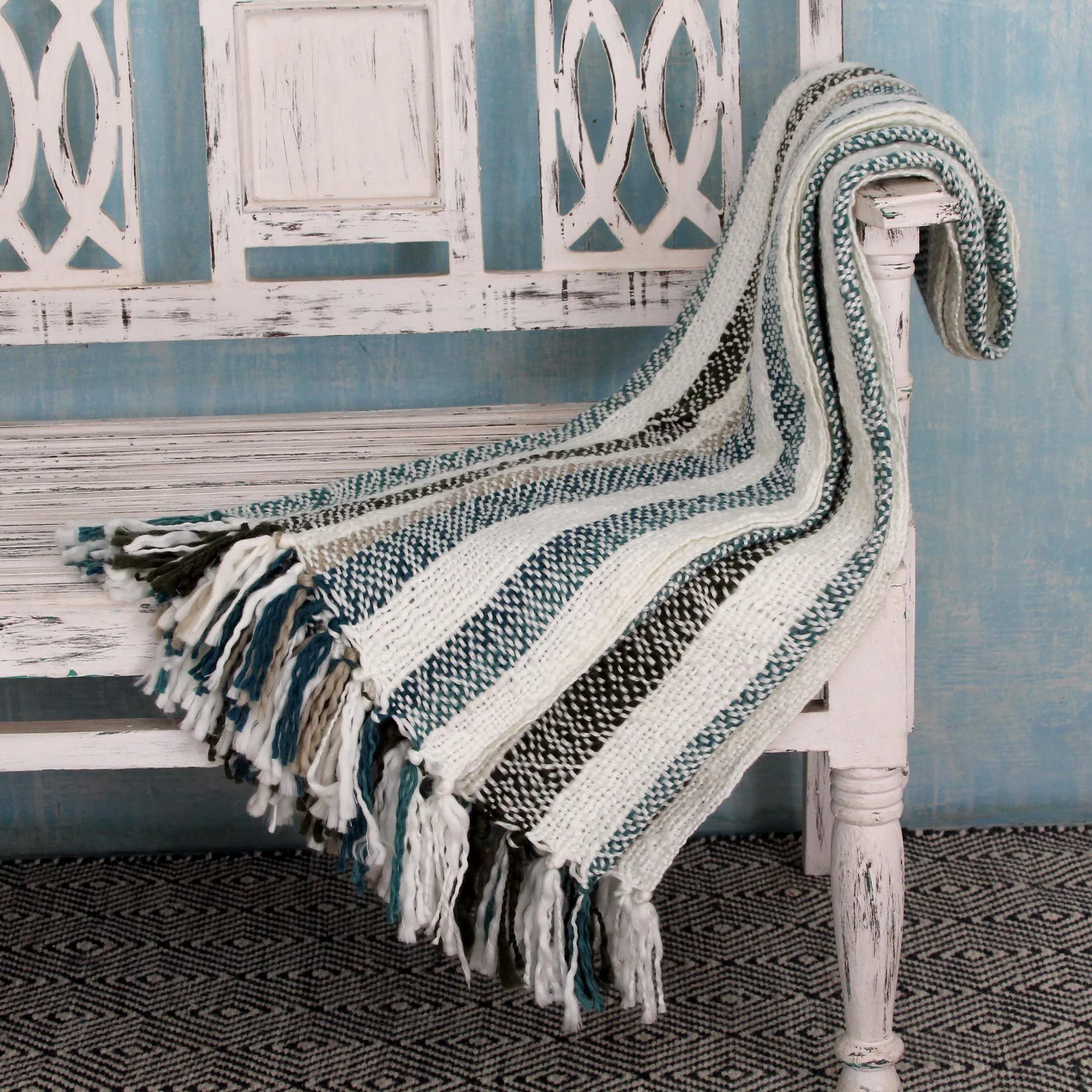 Handcrafted Teal & Beige Throw Blanket
