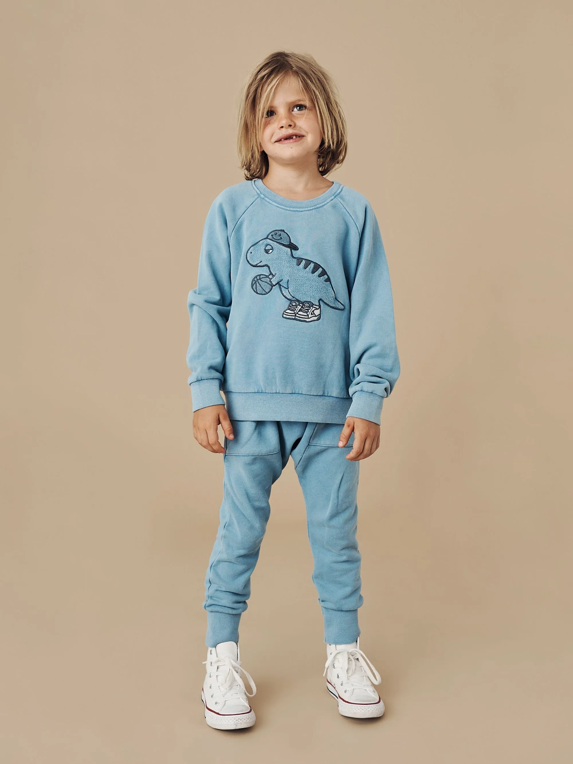 Huxbaby B-Ball Dino Sweatshirt  | Vintage Dusty Blue