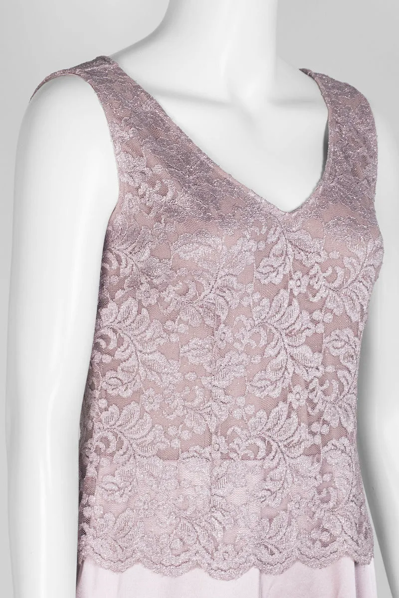 Marina Crew Neck Sleeveless Embroidered Top Zipper Back Solid Satin Dress with Jacket 2 Piece Set