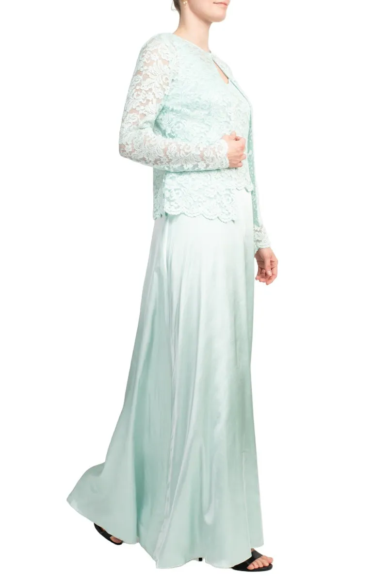 Marina Crew Neck Sleeveless Embroidered Top Zipper Back Solid Satin Dress with Jacket 2 Piece Set