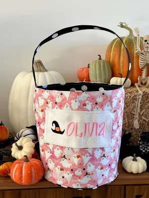Pink Ghost Trick or Treat Bag, Custom Halloween Bucket