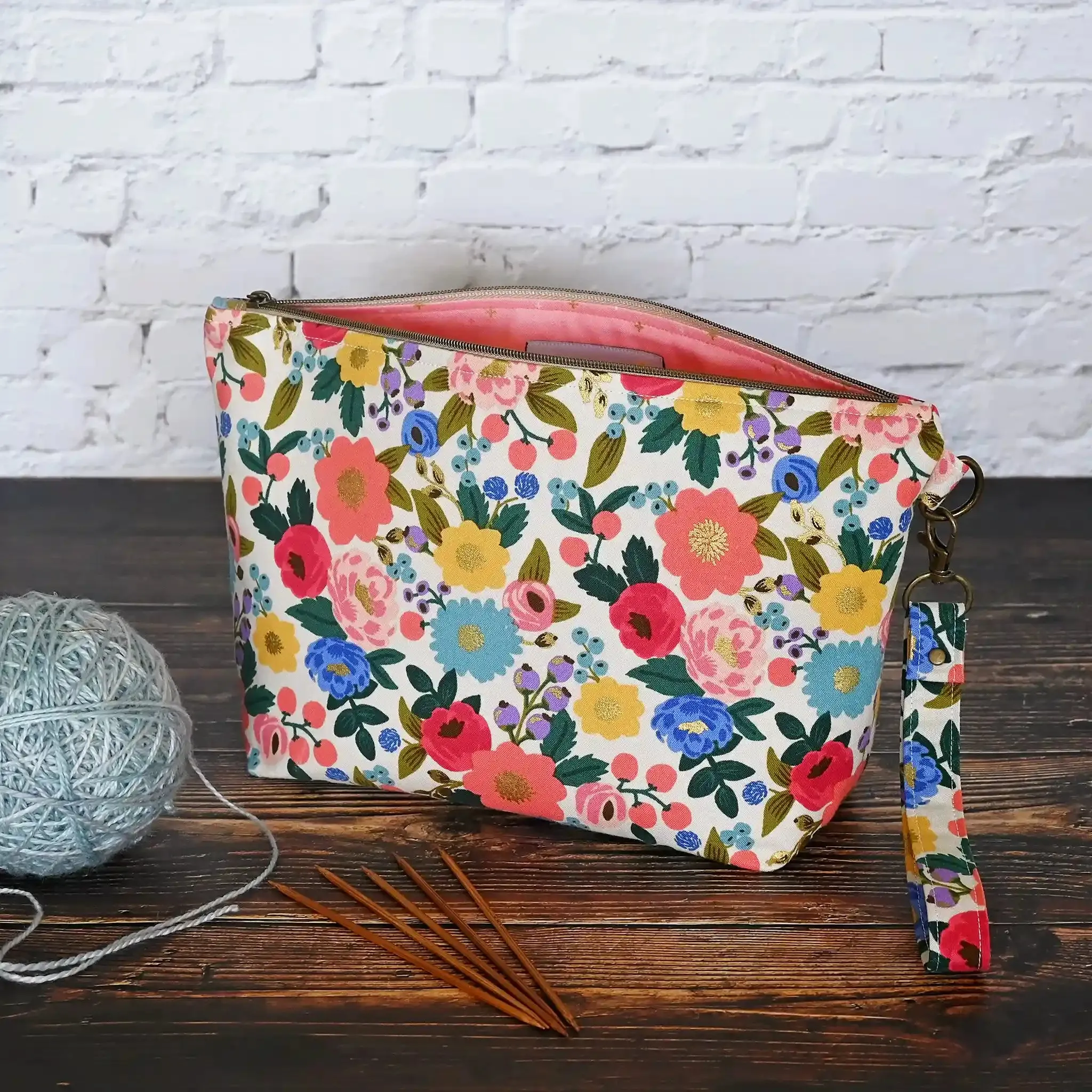 Pretty Cream Floral Sock Project bag made from Rifle Paper Co's Antique Garden