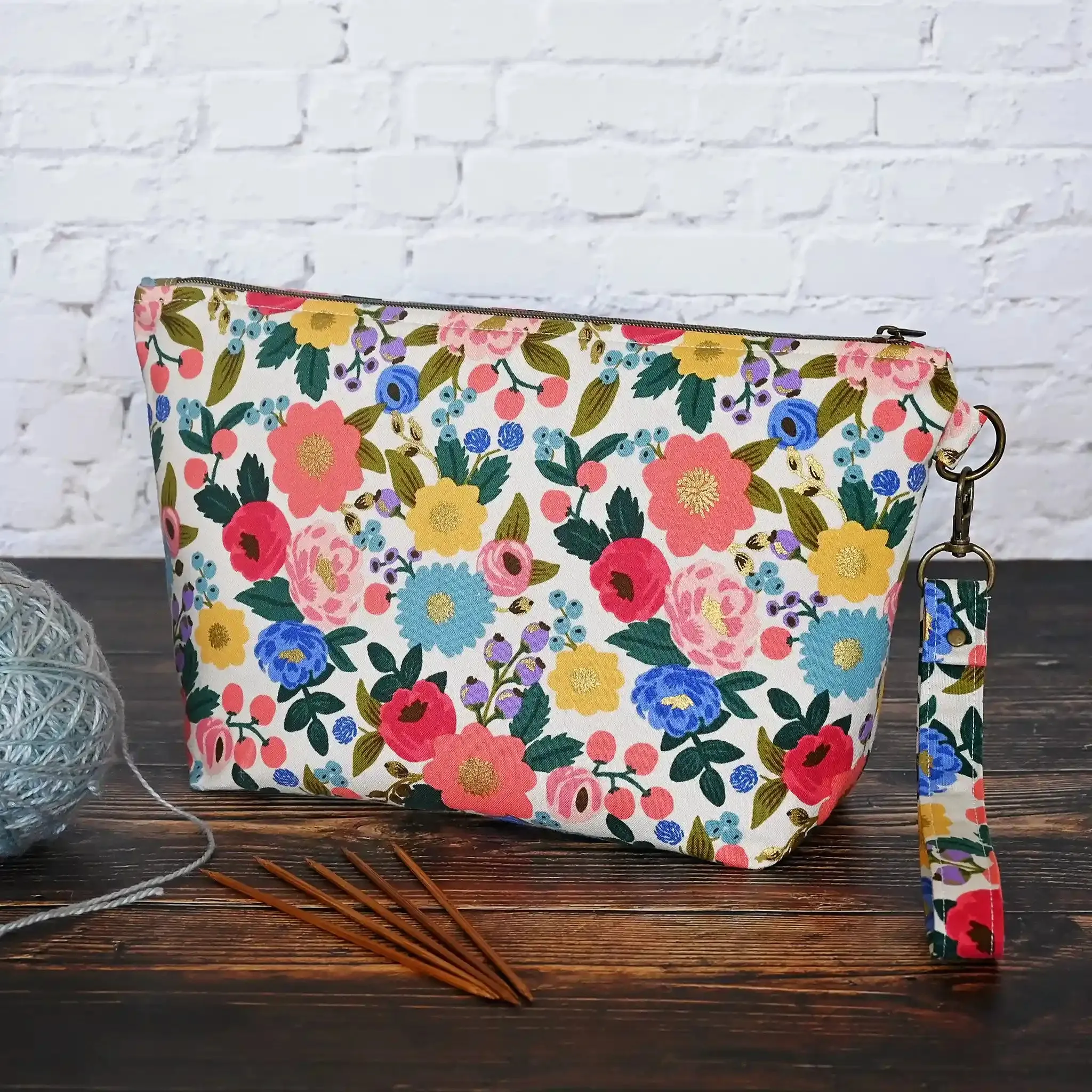 Pretty Cream Floral Sock Project bag made from Rifle Paper Co's Antique Garden