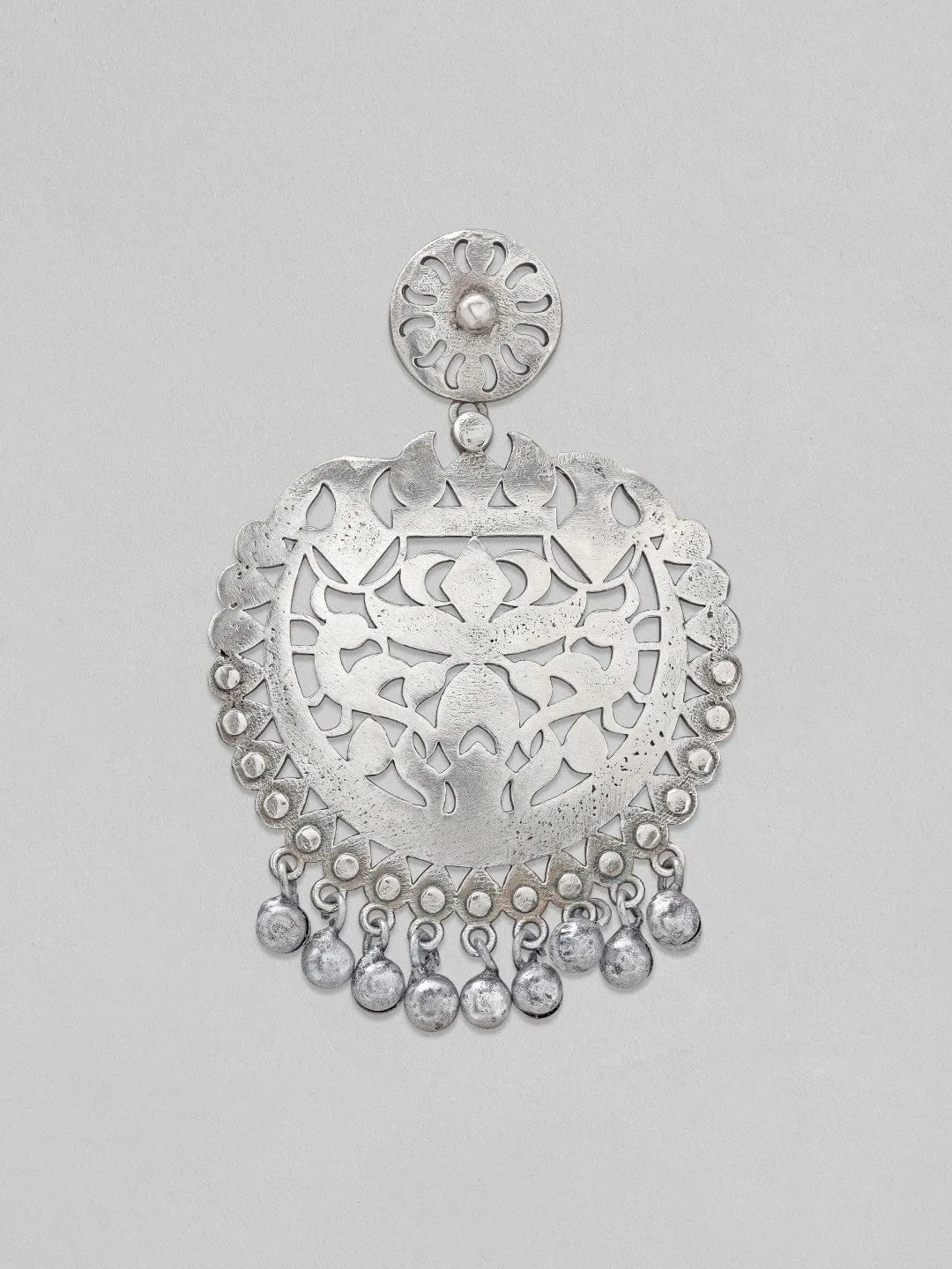 Rubans Silver Oxidised Drop Earrings With Elegantly Carved Design