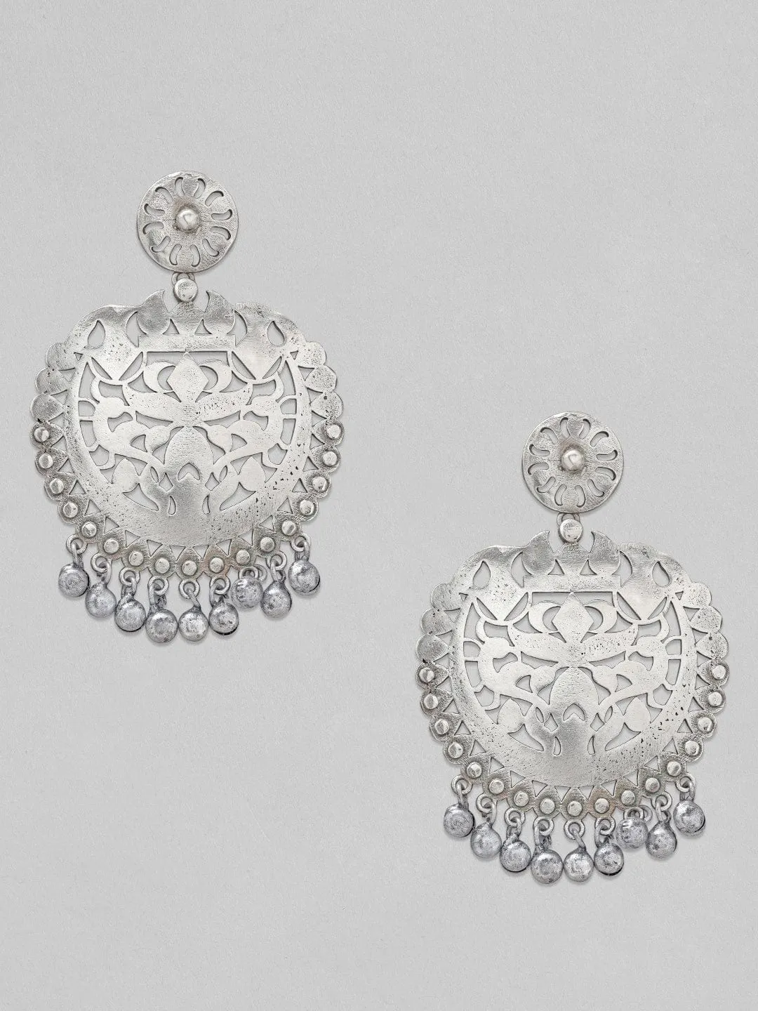 Rubans Silver Oxidised Drop Earrings With Elegantly Carved Design