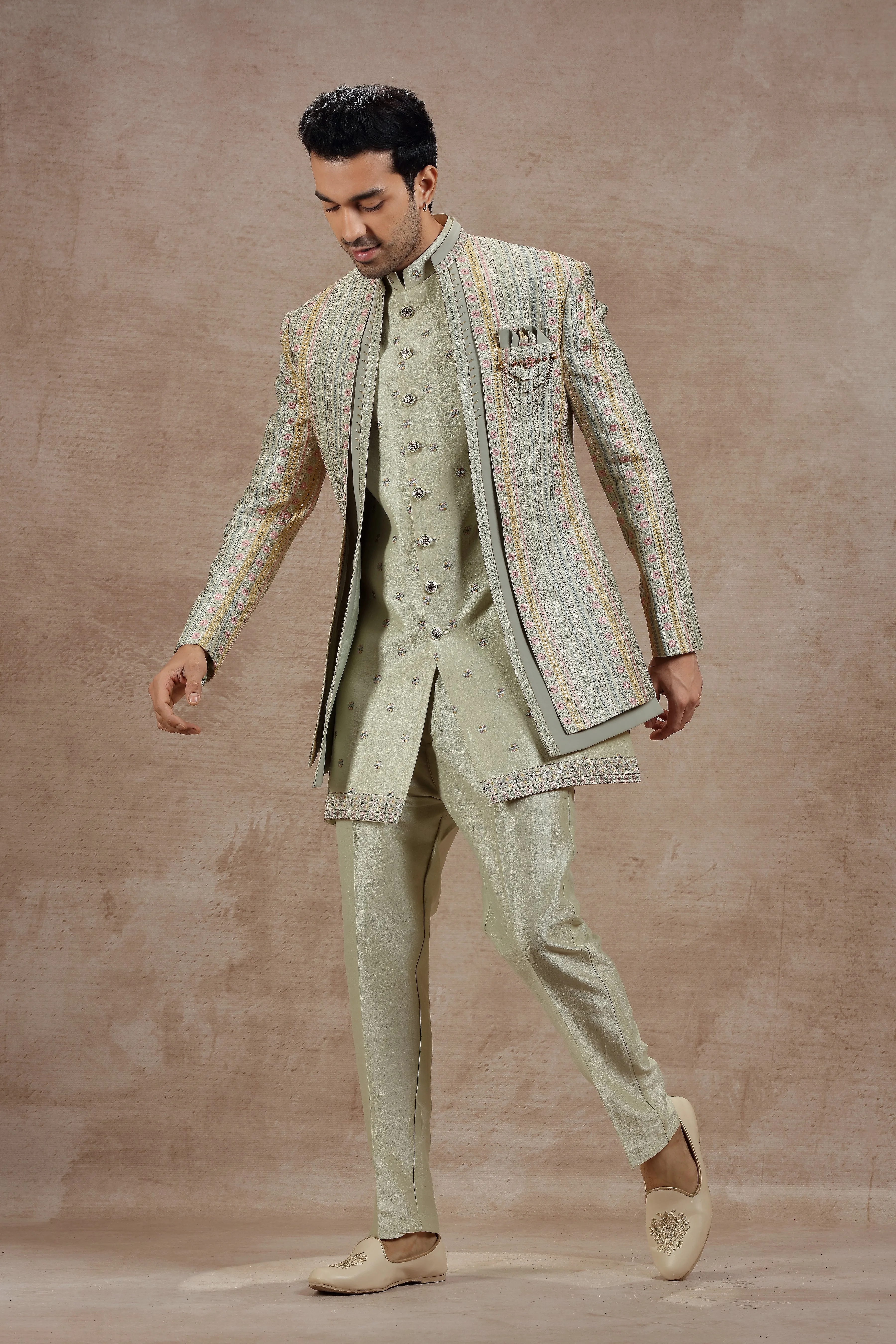 Sage Green Indowestern Jacket Set with Floral Embroidery
