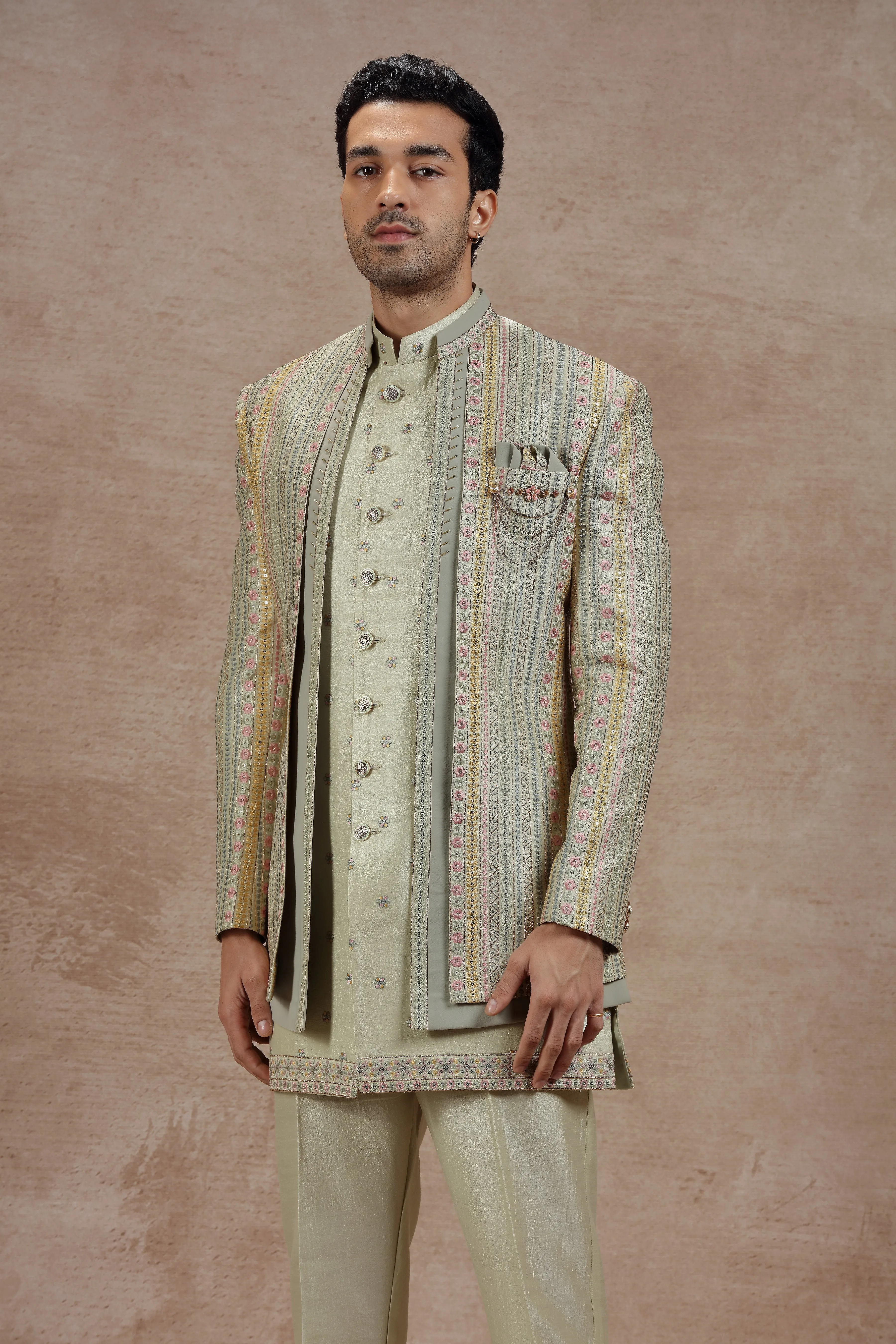 Sage Green Indowestern Jacket Set with Floral Embroidery