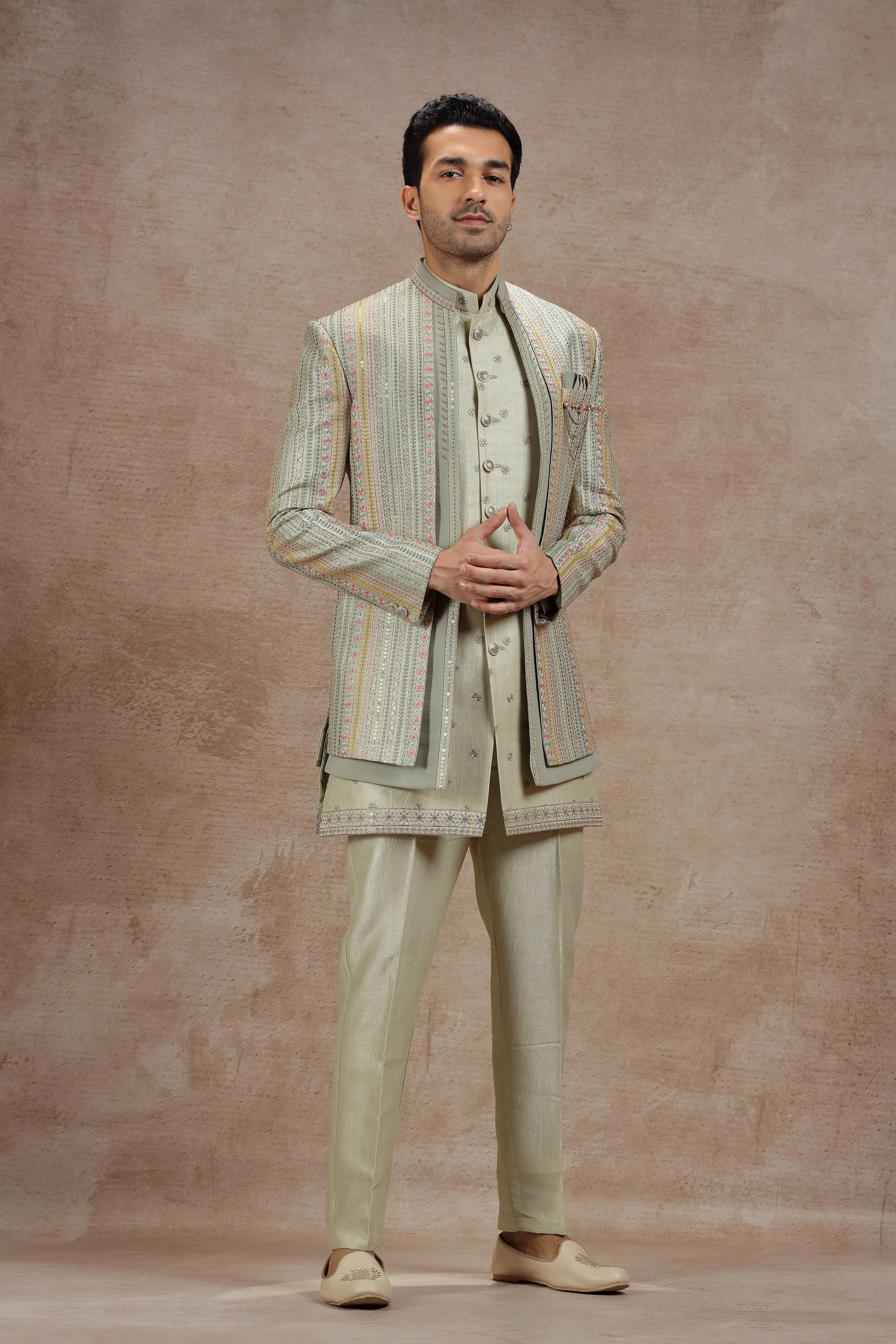 Sage Green Indowestern Jacket Set with Floral Embroidery