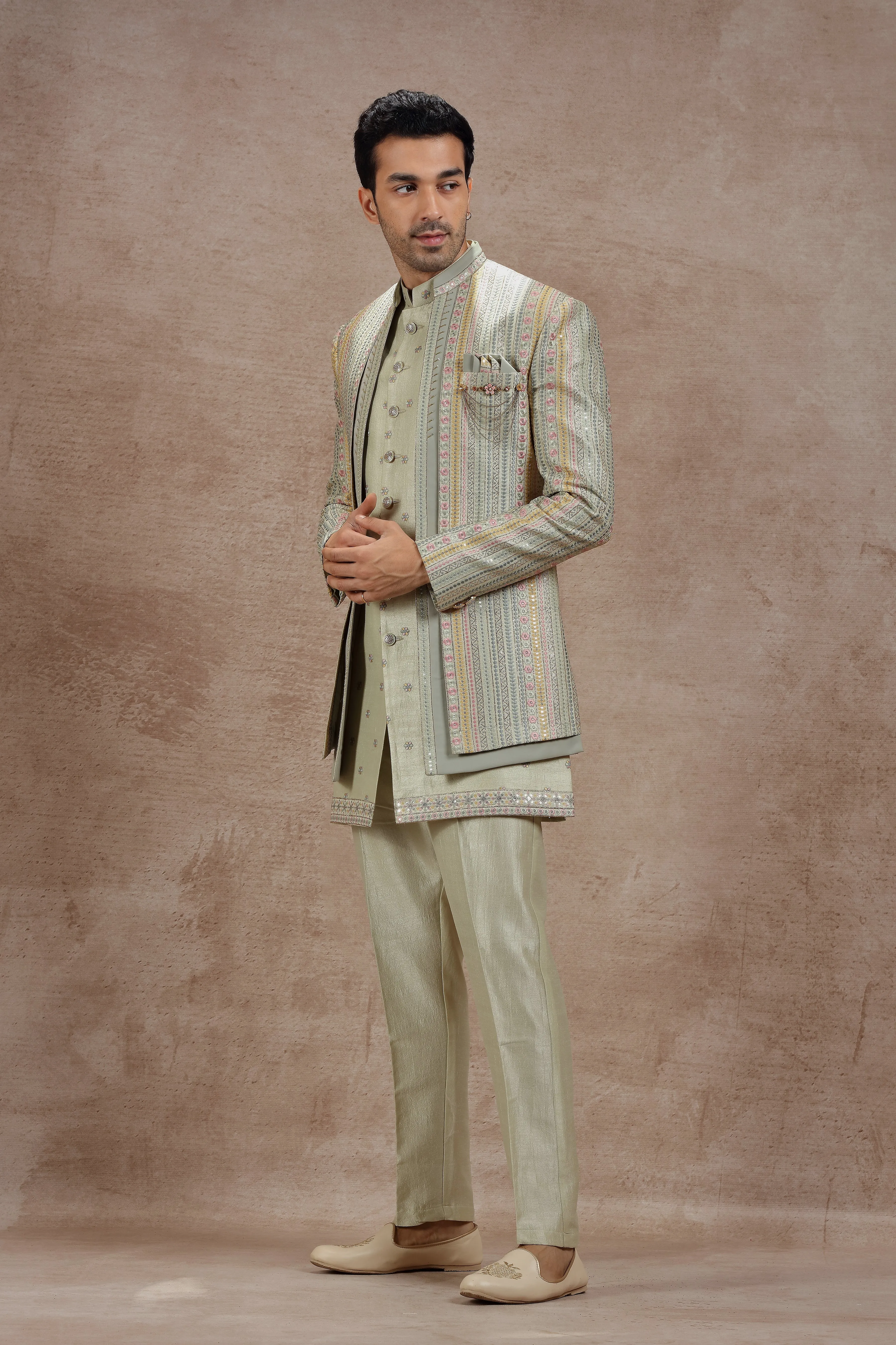 Sage Green Indowestern Jacket Set with Floral Embroidery