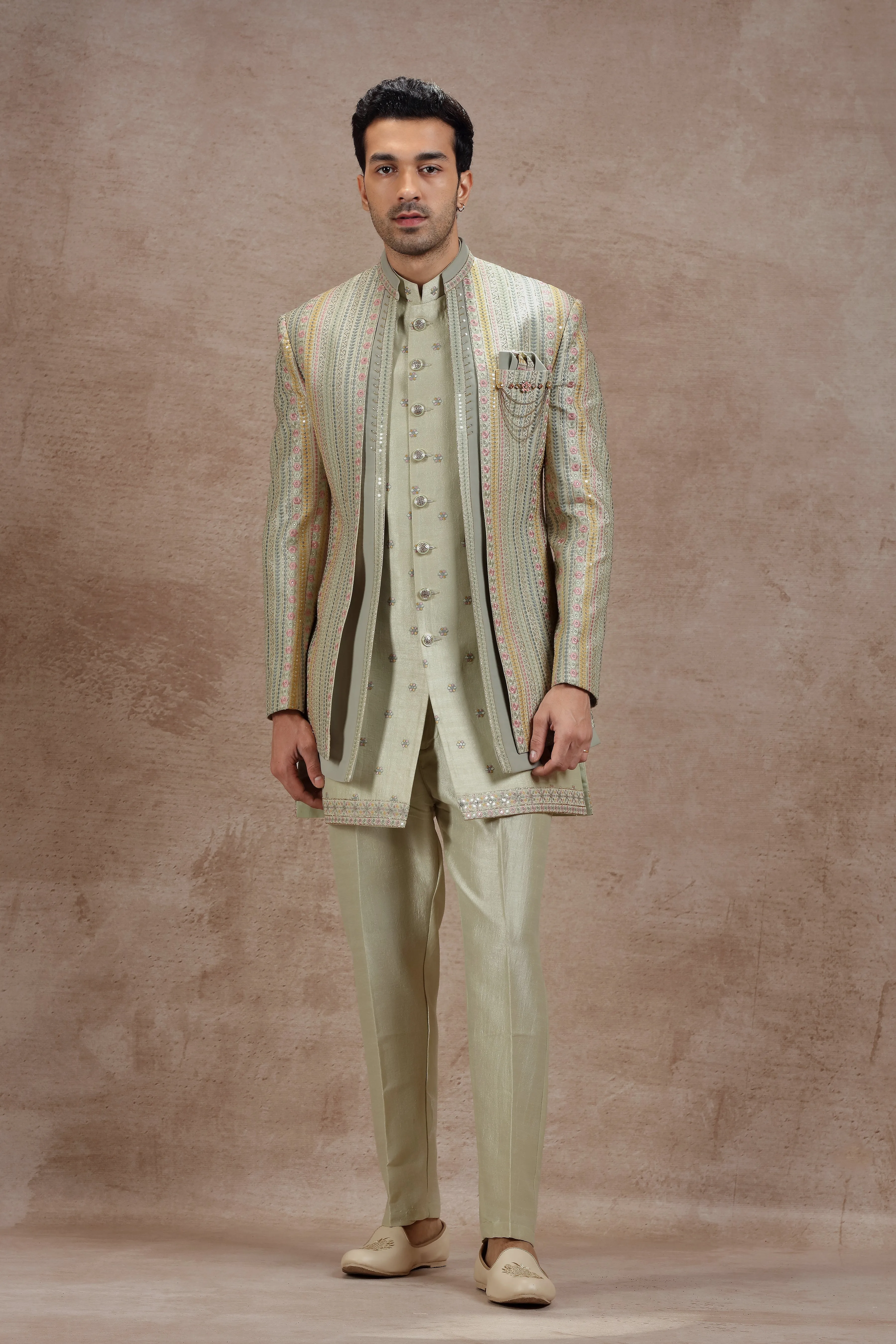 Sage Green Indowestern Jacket Set with Floral Embroidery