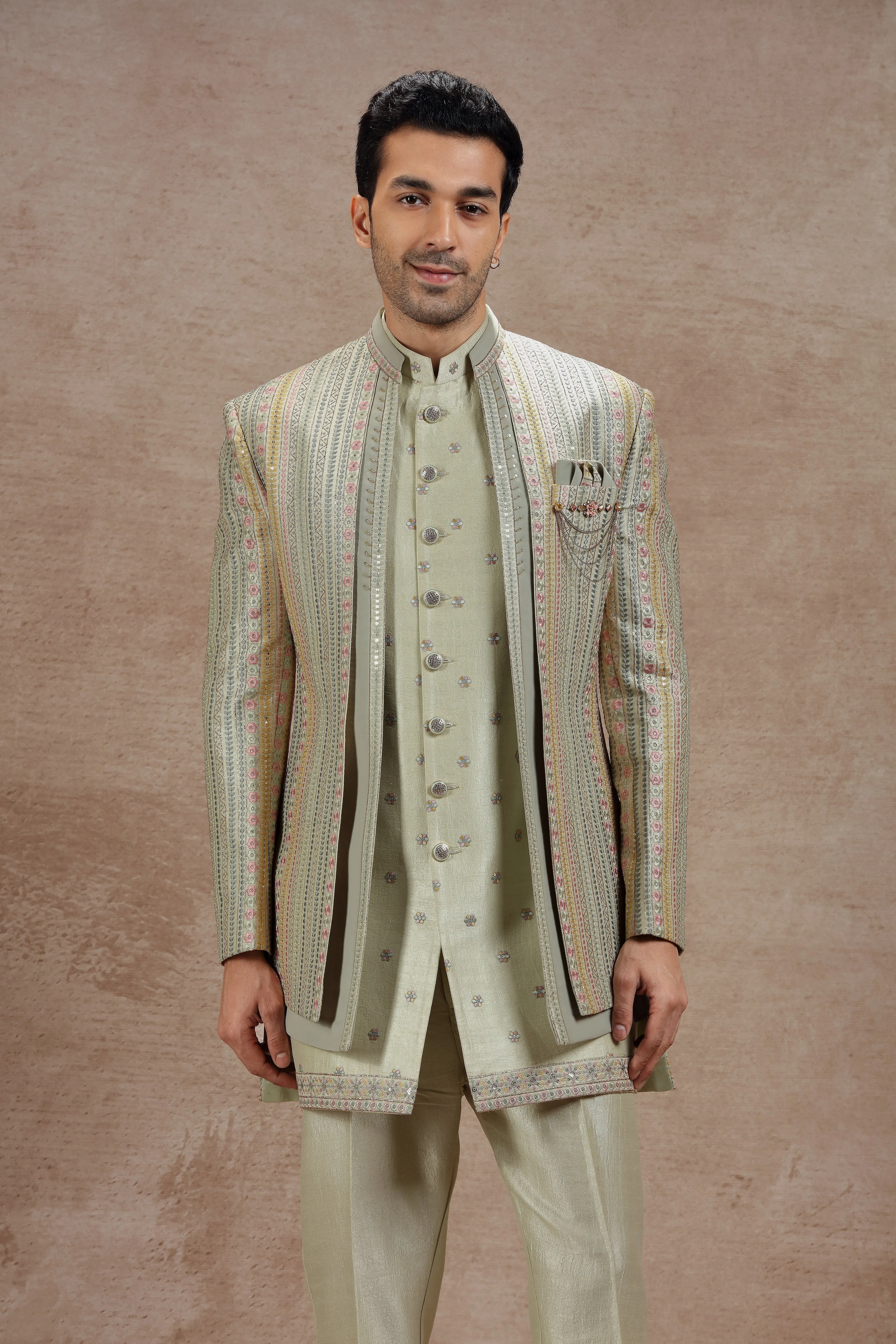 Sage Green Indowestern Jacket Set with Floral Embroidery