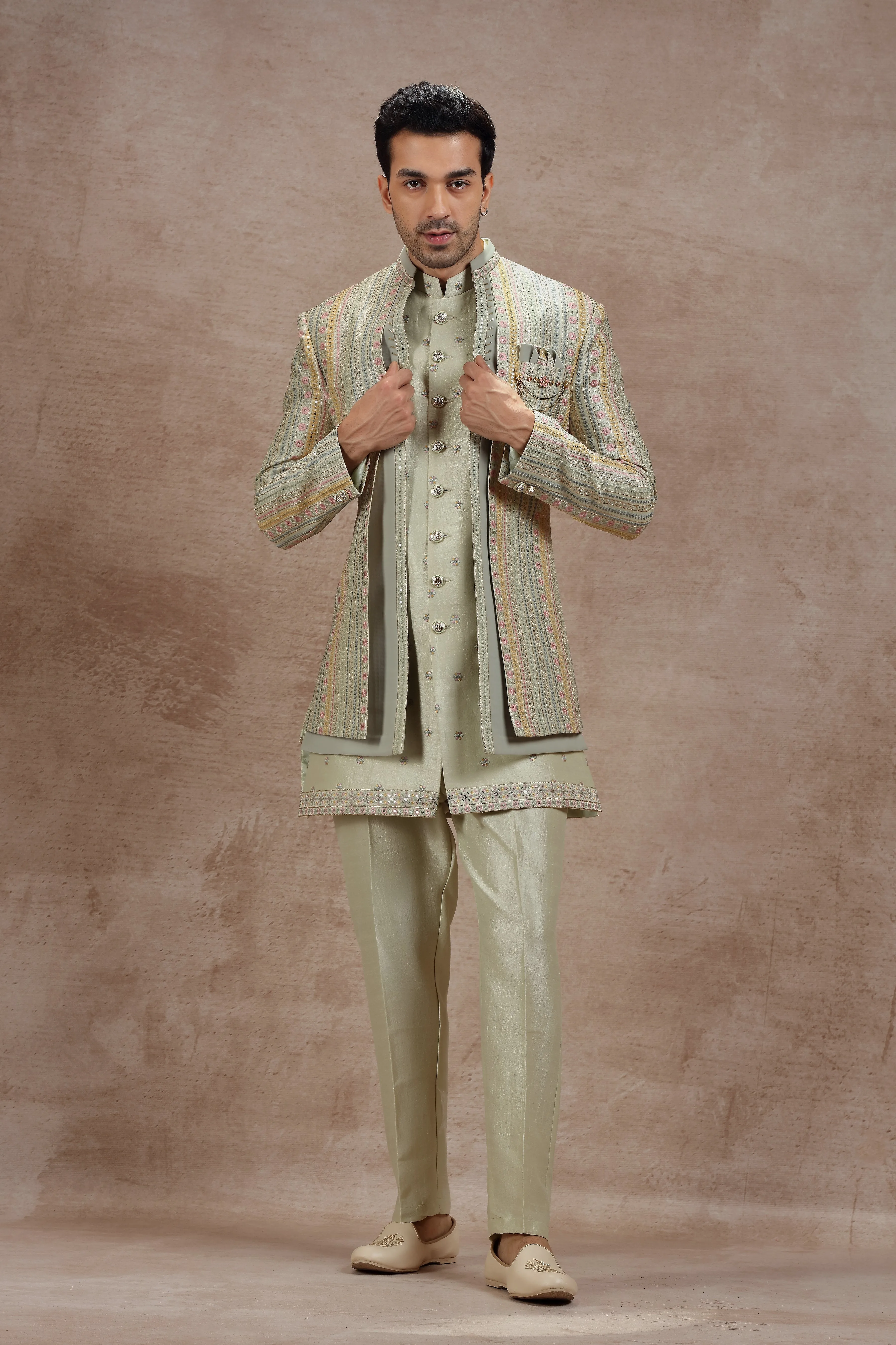 Sage Green Indowestern Jacket Set with Floral Embroidery