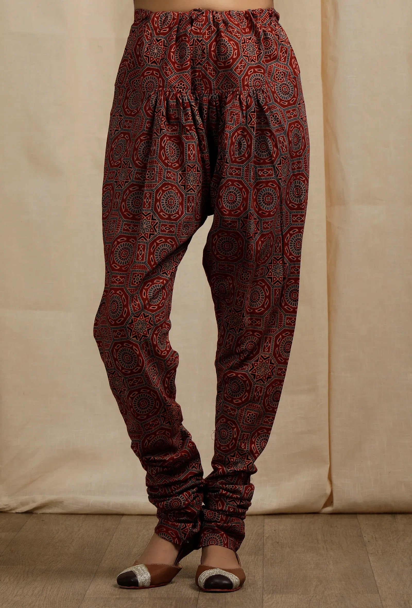 Set of 2:  Red Ajrakh Print Gathered and Flared Kurta with Ajrakh Print Churidar