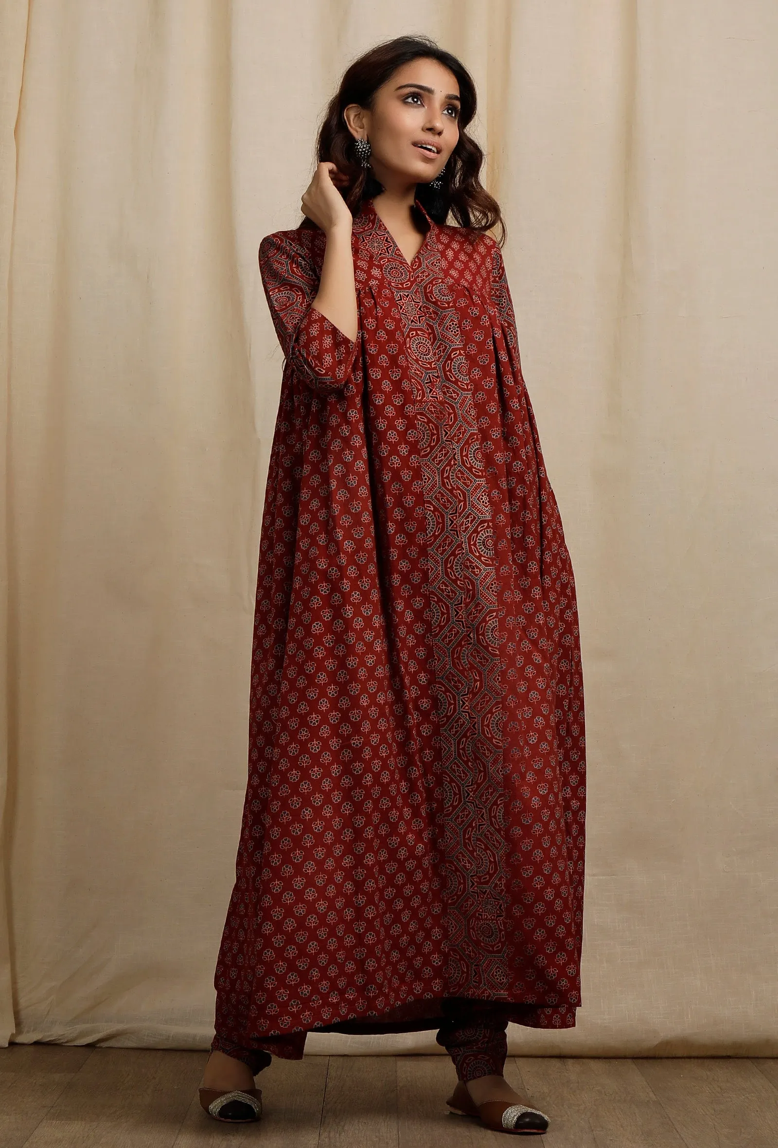 Set of 2:  Red Ajrakh Print Gathered and Flared Kurta with Ajrakh Print Churidar