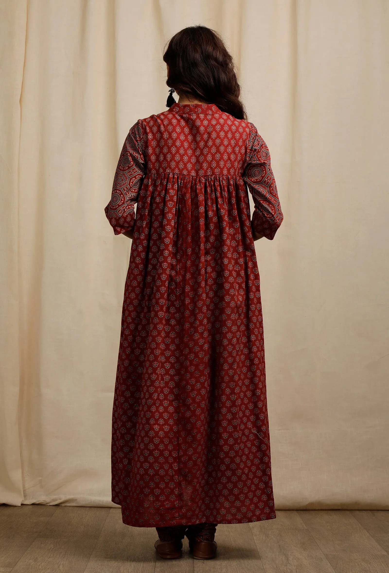 Set of 2:  Red Ajrakh Print Gathered and Flared Kurta with Ajrakh Print Churidar