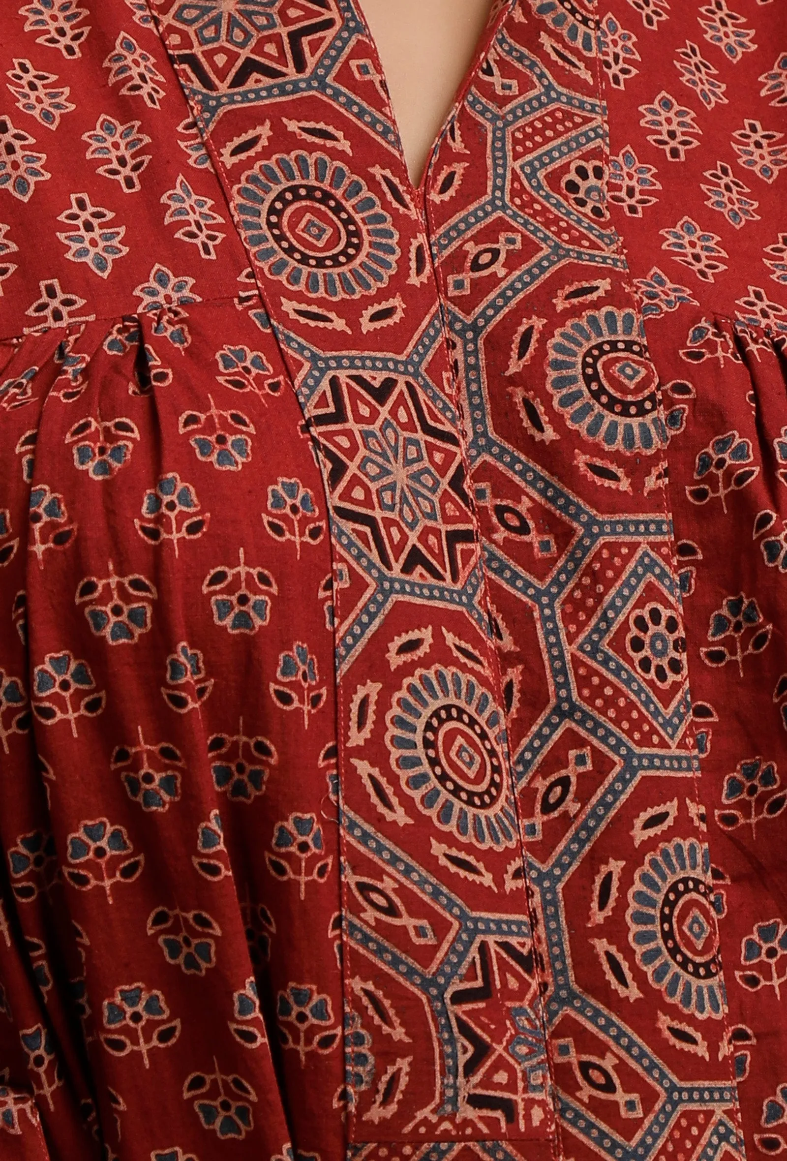 Set of 2:  Red Ajrakh Print Gathered and Flared Kurta with Ajrakh Print Churidar