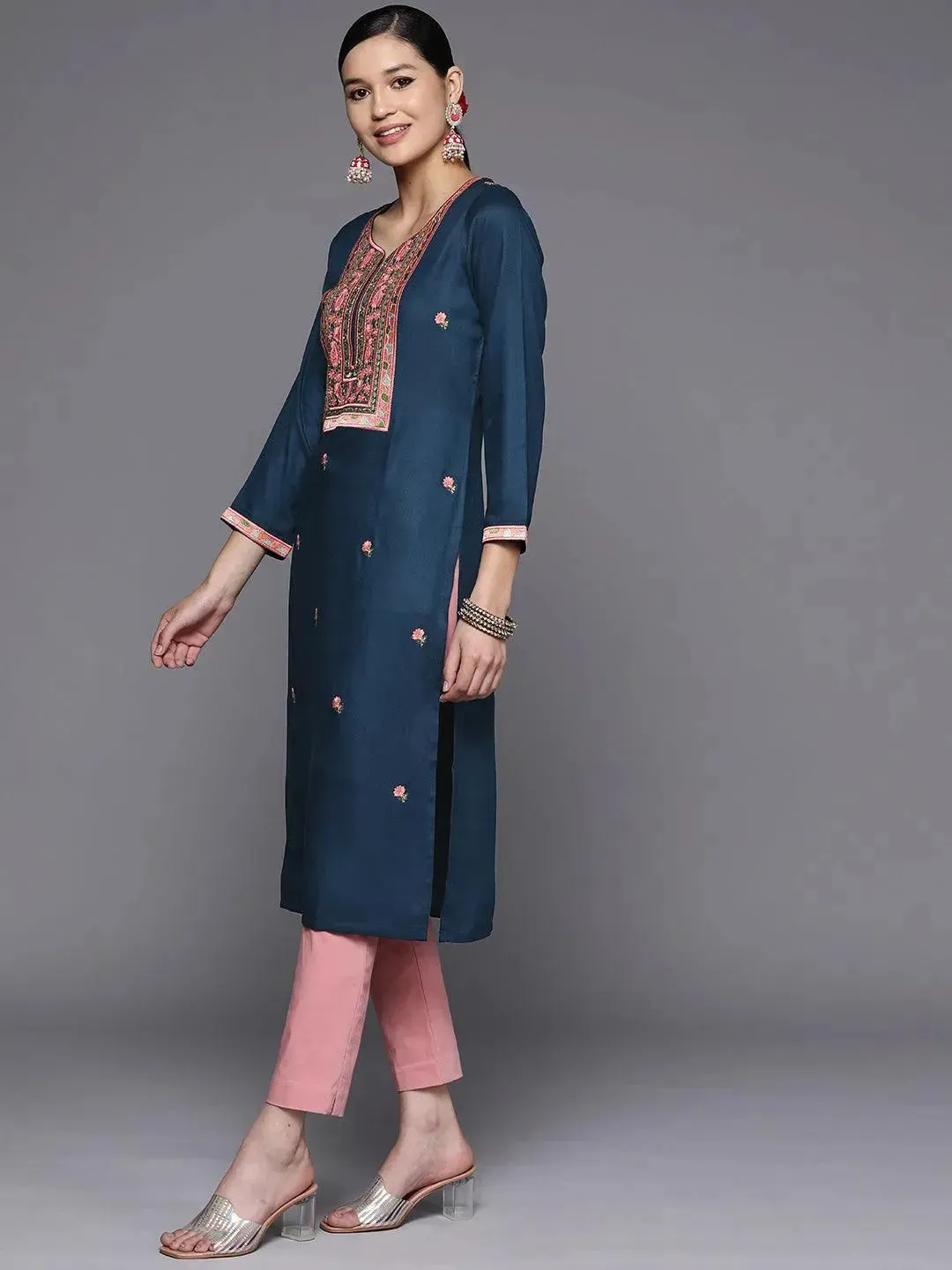 Teal Yoke Design Wool Straight Kurta