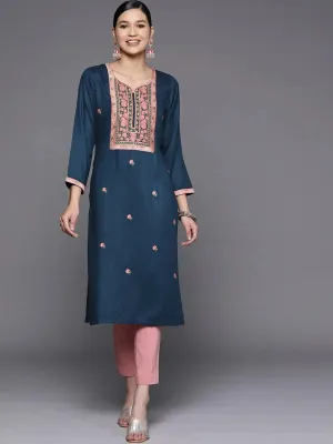 Teal Yoke Design Wool Straight Kurta