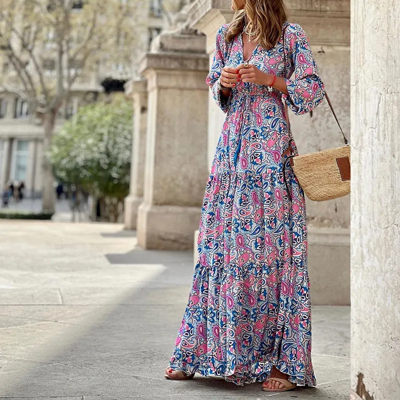 V-neck Long-sleeves  Bohemian Dress