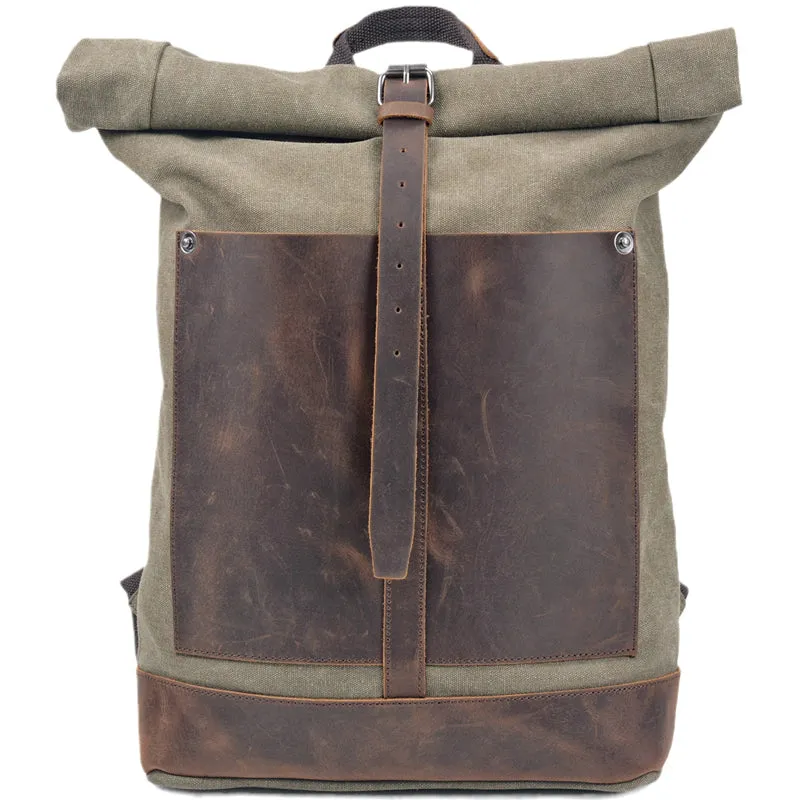 Vintage Waterproof Canvas Backpack Rucksack Roll Top Bag