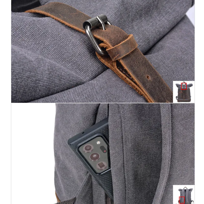 Vintage Waterproof Canvas Backpack Rucksack Roll Top Bag